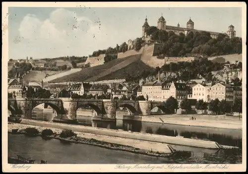 Ansichtskarte Würzburg Brücke, Fluß und Festung 1931