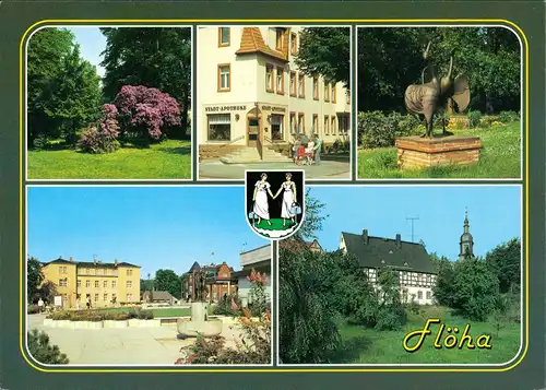 Flöha (Sachsen) 5 Ansichten mit Stadt-Apotheke, Pfarrhaus, Kirche, Kranich-Plastik 1995