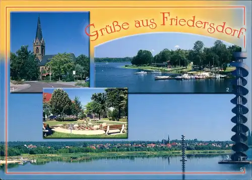 Friedersdorf (Mulde)-Muldestausee 4 Ansichten, ua. Pegelturm, Kirche, Bernsteinsee, Dorfplatz 2000