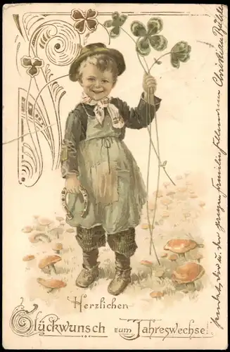 Neujahr Sylvester New Year Junge Kleeblätter Hufeisen JUGENDSTIL 1905