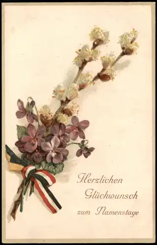 Glückwunsch Geburtstag Birthday Feilchen Maikätzchen Patriotika Schleife 1915