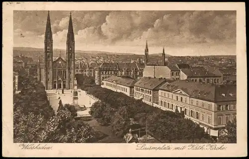 Ansichtskarte Wiesbaden Louisenplatz mit kath. Kirche 1921