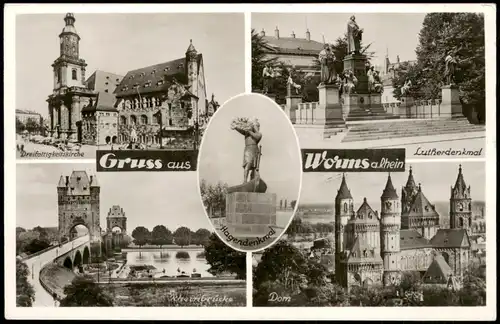 Worms Lutherdenkmal, Kirche, Rhein-Brücke, Dom (Mehrbild-AK) 1951