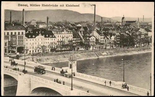 Ansichtskarte Basel Mittlere Rheinbrücke mit Kleinbasel, Fabrik 1922  gel. 1960