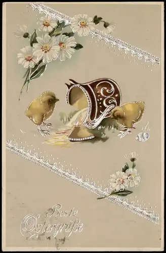 Glückwunsch Ostern / Easter Küken Kamillien Silber-Prägekarte 1908