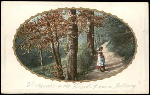Menschen/Soziales Leben - Kinder Mädchen Waldweg 1913 Passepartout