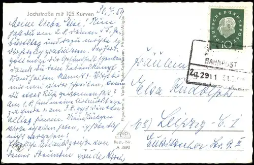 Bad Oberdorf   Hindelang  Jochstraße  Allgäu 1959    (Bahnpoststempel Zg. 2911)