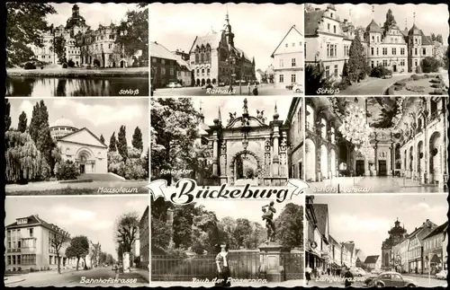 Bückeburg Mehrbildkarte mit Schloß Rathaus Mausoleum Bahnhofstrasse 1960