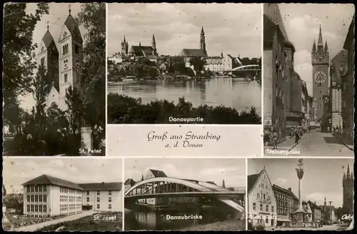 Straubing Mehrbildkarte mit Kirche Steinergasse Donaubrücke uvm. 1955