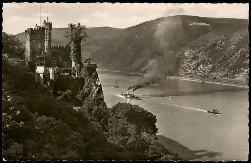 Ansichtskarte Bingen am Rhein Burg / Schloss Rheinstein, Rheindampfer 1954