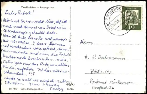 Ansichtskarte Zweibrücken Rosengarten - Fotokarte 1964