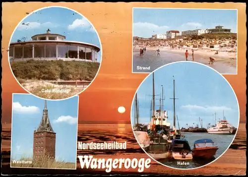 Wangerooge Mehrbild-AK mit Strand Hafen Westturm Café Pudding 1977