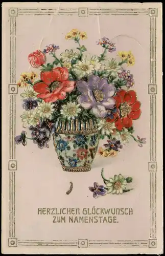 Glückwunsch Geburtstag Birthday Blumen in Vase Goldprägekarte 1930