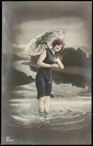 Ansichtskarte  Frau im Wasser Japanischer Schirm Nippon Fotokunst 1909