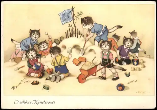 Tiere als Menschen (Künstlerkarten) Andromorphische Karte Katzen Kinderzeit 1963