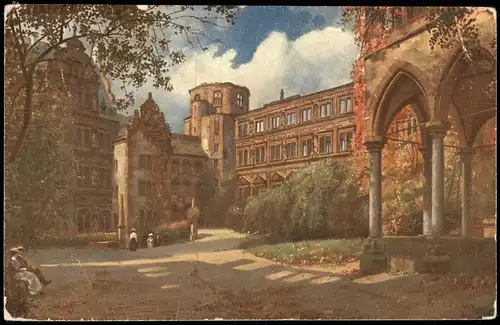 Heidelberg Künstlerkarte: Gemälde v. H. Hoffmann "Der Schlosshof" 1928