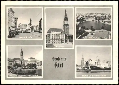Ansichtskarte Kiel Neue Straße Rathaus Stadttheater Hafen 1954