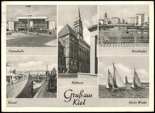 Ansichtskarte Kiel Bootshafen Kieler Woche Rathaus Ostseehalle Kanal 1955