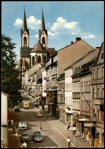 Hof (Saale) Bismarckstraße mit Marienkirche, Autos ua. VW Käfer u. Mercedes 1967