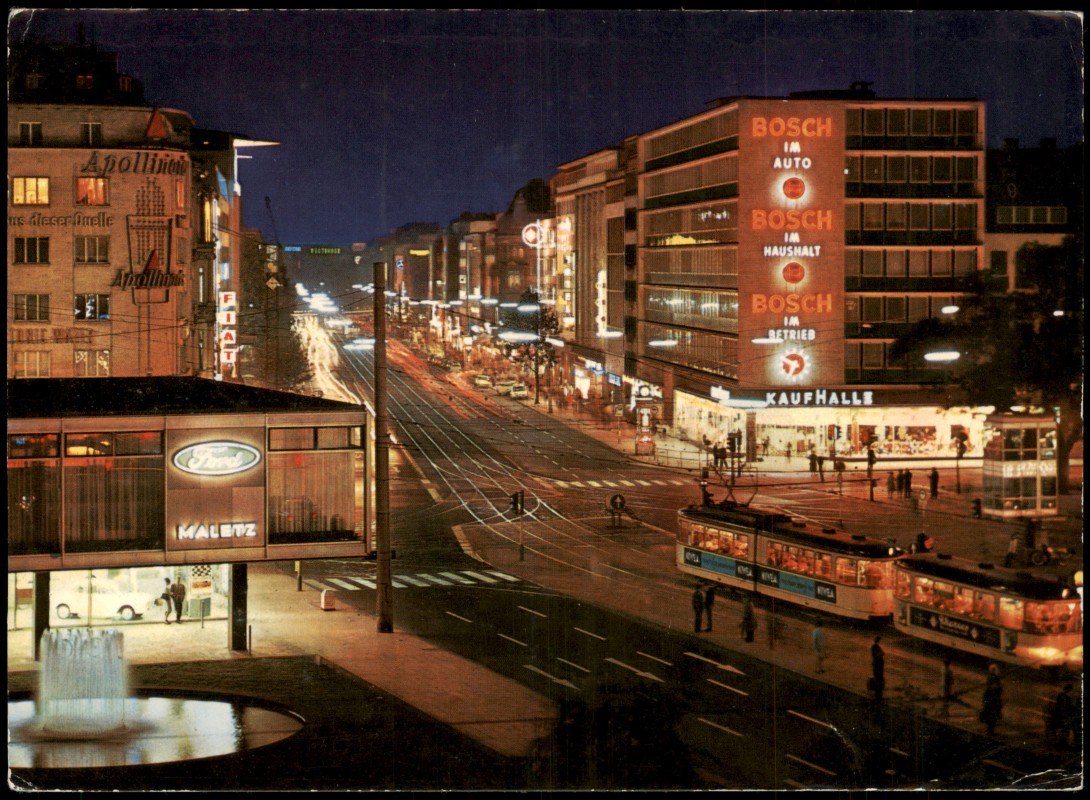 Köln Hohenzollernring bei Nacht, Kaufhalle, Tram Straßenbahn 1973 Nr