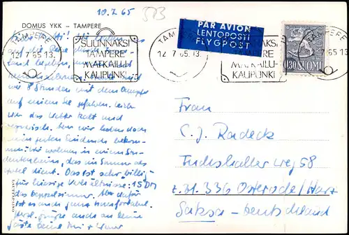 Postcard Tampere DOMUS YKK 1965  gel. Flygpost Airmail