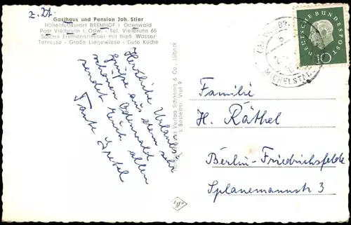 Ansichtskarte Bremhof-Michelstadt Gasthaus  Pension 1959  gel. Landpoststempel