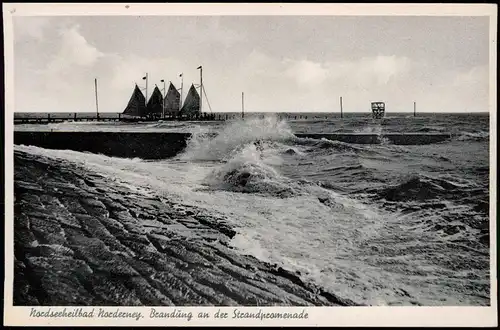 Ansichtskarte Norderney Brandung an der Strandpromenade - Segelschiffe 1956