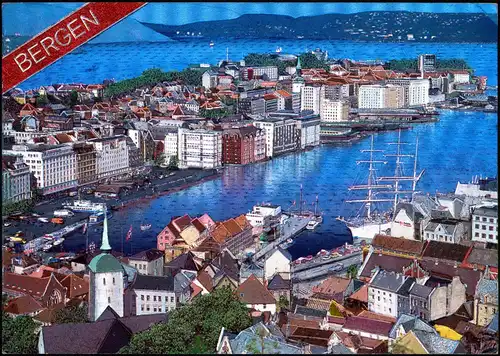 Postcard Bergen Bergen Blick auf die Stadt, Efektkarte 1987 Silber-Effekt