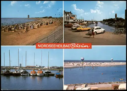 Büsum Mehrbildkarte mit Strand, Autos u.a. VW Käfer, Yachthafen 1978