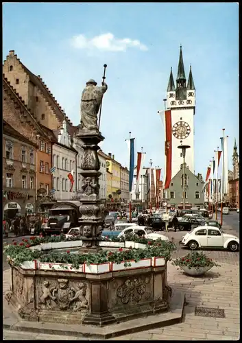 Ansichtskarte Straubing Ludwigsplatz mit Brunnen, Autos u.a. VW Käfer 1970