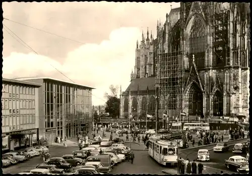 Ansichtskarte Köln Hauptbahnhof und Dom - Nordseite, Straßenbahn 1962