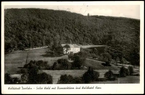 Ansichtskarte Iserlohn Seiler Wald mit Bismarckturm und Waldhotel Hoen 1954