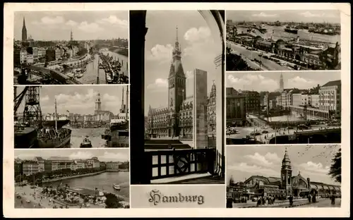 Ansichtskarte Hamburg Mehrbild: Stadt, Hafen, Rathaus 1956  gel. Stempel Altona