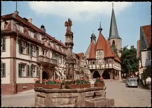 Ansichtskarte Michelstadt Marktplatz VW Käfer Brunnen-Anlage 1970