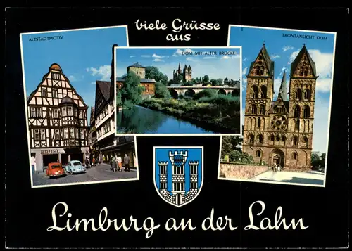 Limburg (Lahn) Mehrbildkarte 3 Ortsansichten, Wappen, Dom, VW Käfer 1975