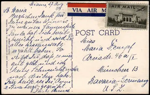 Postcard Miami Luftaufnahme Areal View 1955  gel. Air Mail