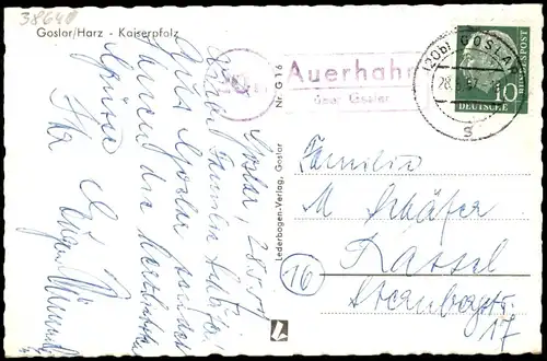 Ansichtskarte Goslar Kaiserpfalz   1957  gel. Landpoststempel Auerhahn