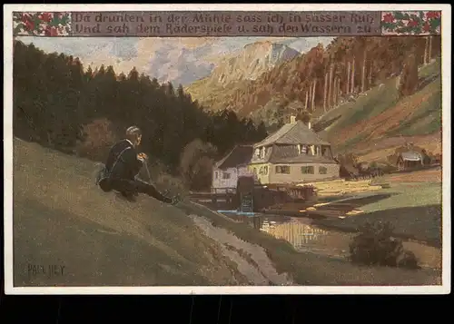 Ansichtskarte  Liedkarte Da drunten in der Mühle Paul Hey 1914
