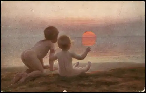 Ansichtskarte  Kinder Künstlerkarte Jungen am Strand Sonnenuntergang 1914