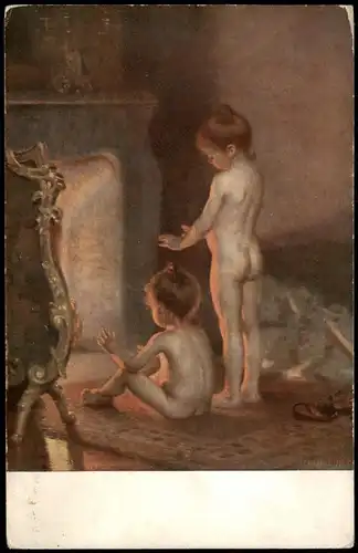 Künstlerkarte: Gemälde / Kunstwerke Kinder am Kamin - Nach dem Bade 1913