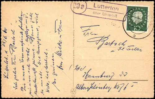 Ansichtskarte .Niedersachsen Stimmungsbild Lüneburger Heide 1960   mit Landpoststempel 20a LUTTERLOH über Unterlüß