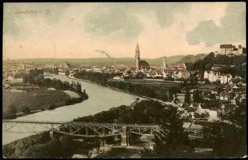 Ansichtskarte Landshut Totale mit Brücke 1908