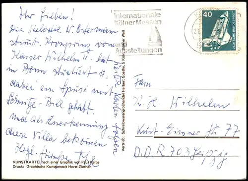 Köln Alt-Kölner-Milieuzeichnung nach dem Lied   Willi Ostermann 1968