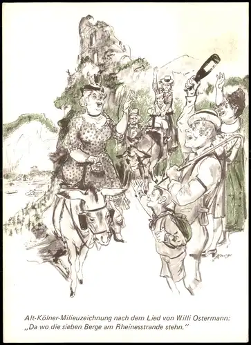 Köln Alt-Kölner-Milieuzeichnung Lied von Willi Ostermann: Rheinstrand 1973