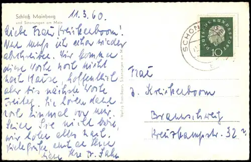 Ansichtskarte Schweinfurt Schloß Mainberg und Schonungen am Main 1960