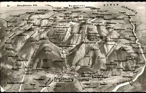 Freiburg im Breisgau Umland-Ansicht Reliefkarte mit Schwarzwald 1989/1974