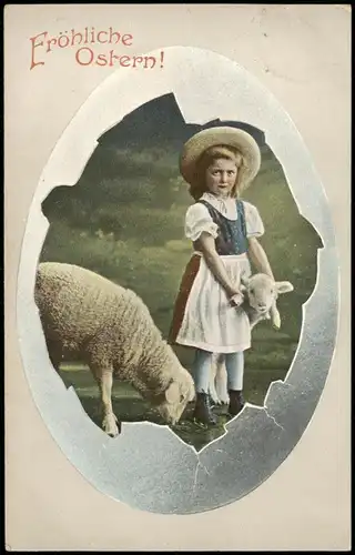 Glückwunsch Ostern / Easter Mädchen mit Lämmern Riesenei 1913