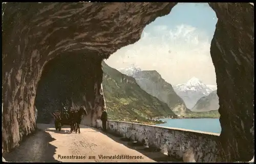 Ansichtskarte Axenstrasse   Fuhrwerk 1908  gel. Merfachfrankatur Brunnen