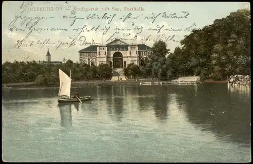 Ansichtskarte Karlsruhe Stadtgarten  Festhalle 1908  gel. Stempel K. Mühlburg