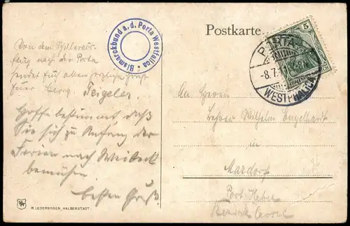 Ansichtskarte Porta Westfalica Kaiser-Wilhelm-Denkmal 1911  Stempel Bismarckbund